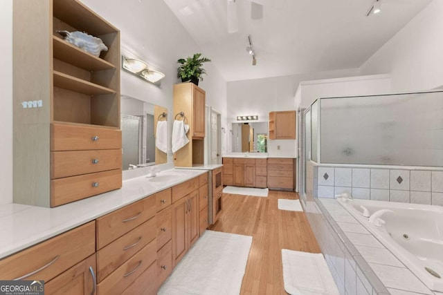 bathroom with separate shower and tub, hardwood / wood-style floors, and vanity