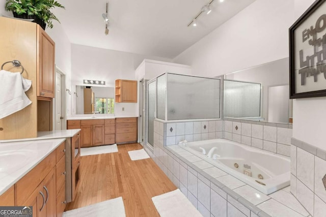 bathroom with wood-type flooring, vanity, and independent shower and bath