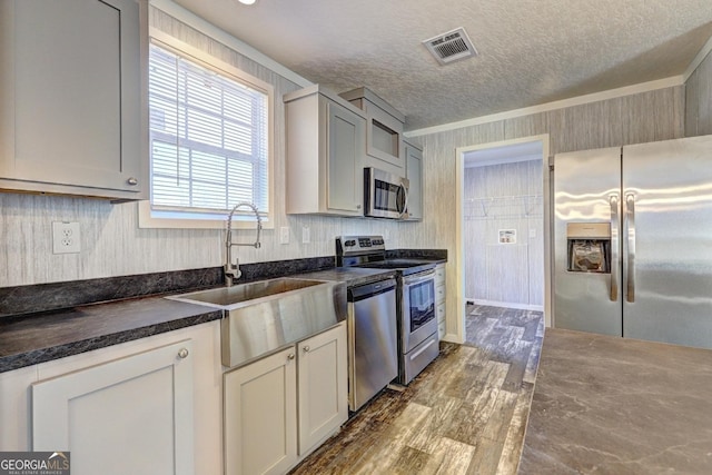 kitchen featuring a textured ceiling, appliances with stainless steel finishes, dark hardwood / wood-style flooring, sink, and gray cabinets