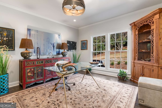 office with recessed lighting, baseboards, wood finished floors, and crown molding