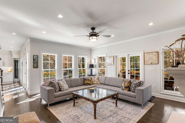 living room featuring wood finished floors, recessed lighting, french doors, and a wealth of natural light