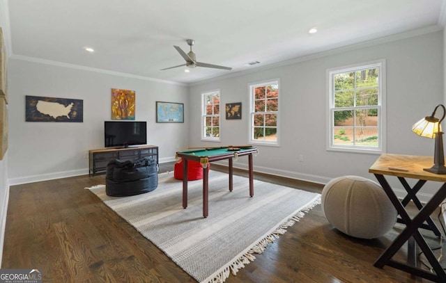 playroom with crown molding, ceiling fan, dark hardwood / wood-style floors, and billiards