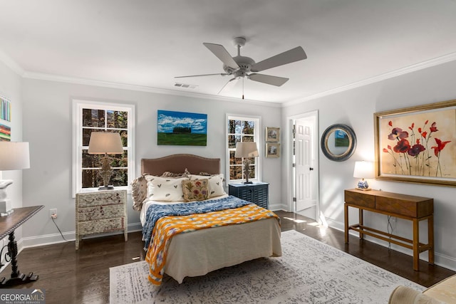 bedroom with visible vents, ceiling fan, baseboards, ornamental molding, and wood finished floors