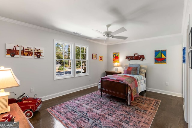 bedroom with baseboards, visible vents, ceiling fan, ornamental molding, and dark wood-type flooring