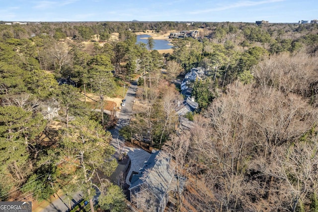 bird's eye view featuring a forest view and a water view