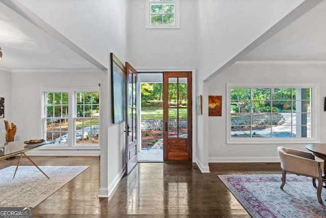 entryway featuring baseboards, wood finished floors, and crown molding