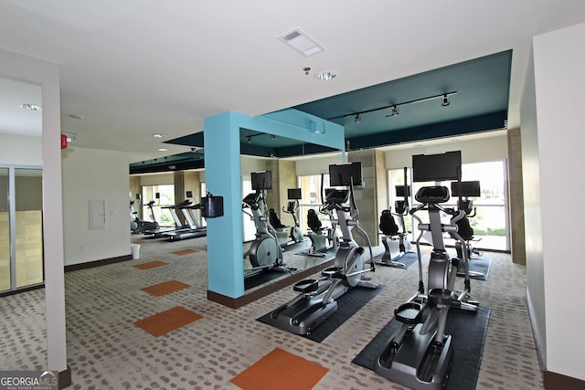 workout area with carpet flooring and track lighting