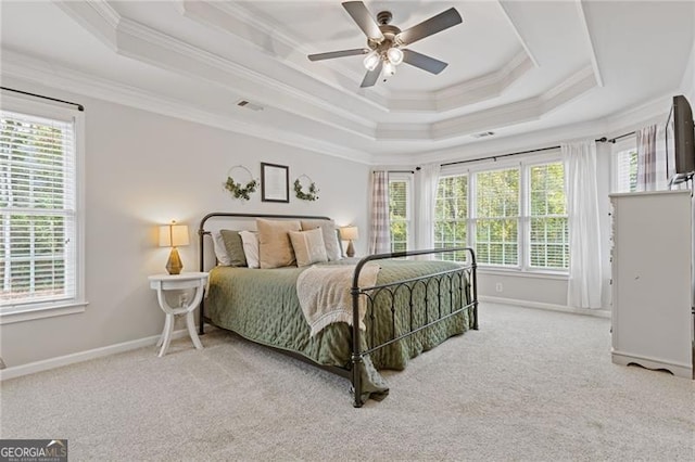 bedroom featuring baseboards, a raised ceiling, and crown molding