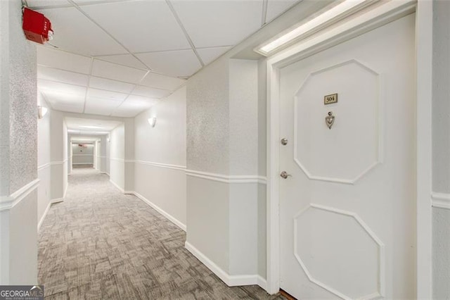 corridor with a paneled ceiling and carpet floors