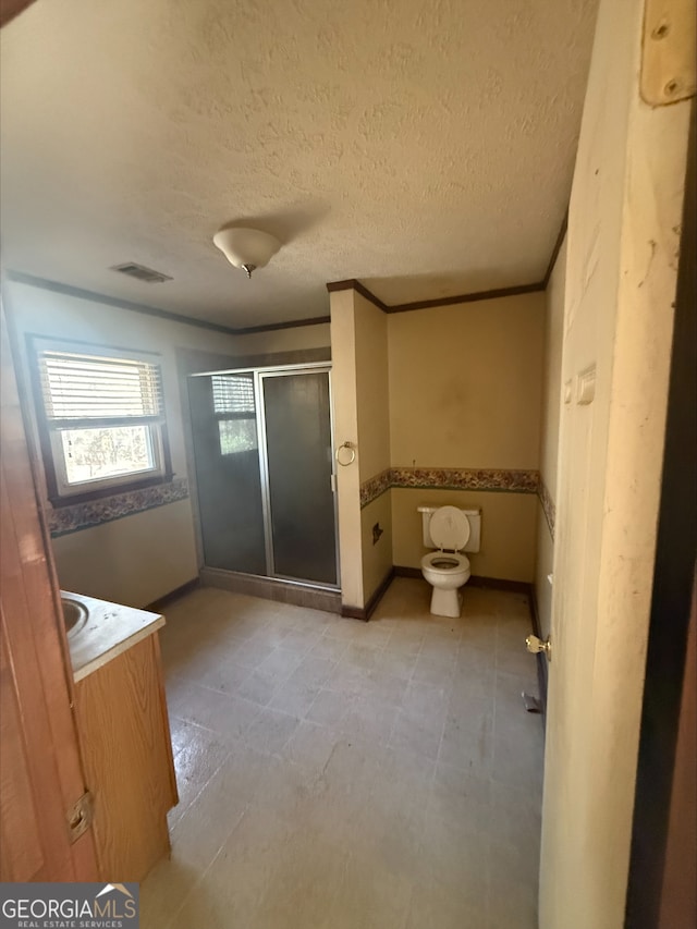 bathroom with a textured ceiling, vanity, toilet, and a shower with door