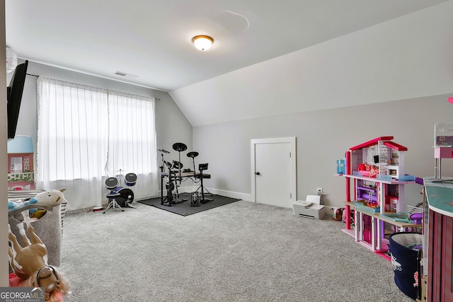 game room featuring carpet and lofted ceiling