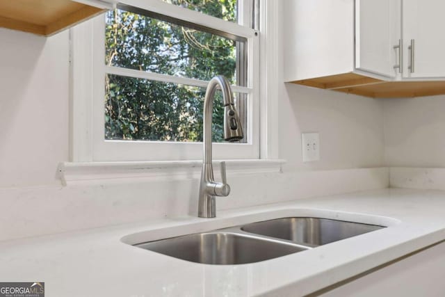 interior details featuring white cabinetry and sink