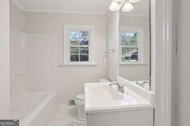 full bathroom with a wealth of natural light, crown molding, vanity, and toilet