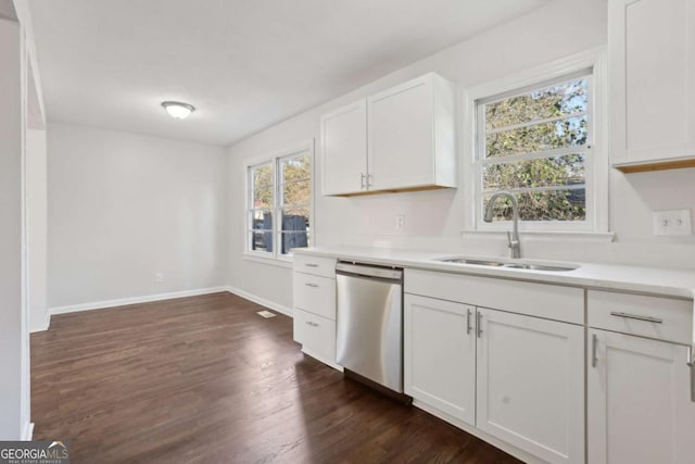 kitchen featuring white cabinets, stainless steel dishwasher, dark wood-type flooring, and sink