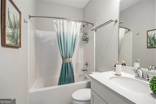 full bathroom with shower / bath combination with curtain, vanity, and toilet