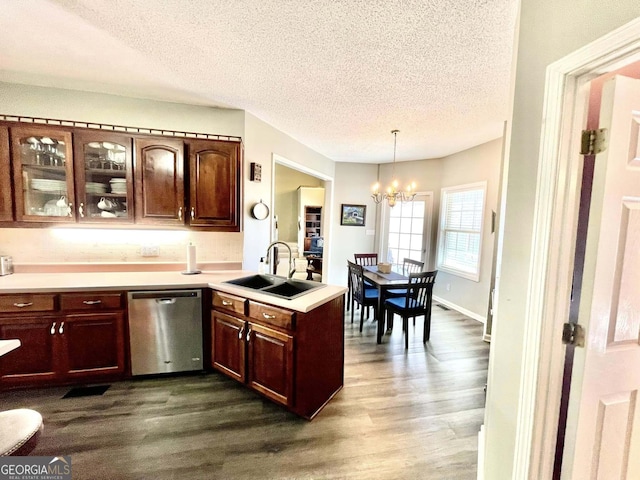 kitchen featuring pendant lighting, sink, dark wood-type flooring, and stainless steel dishwasher