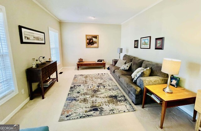 living room with ornamental molding and light colored carpet