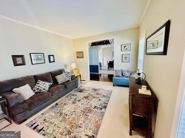 living room with ornamental molding