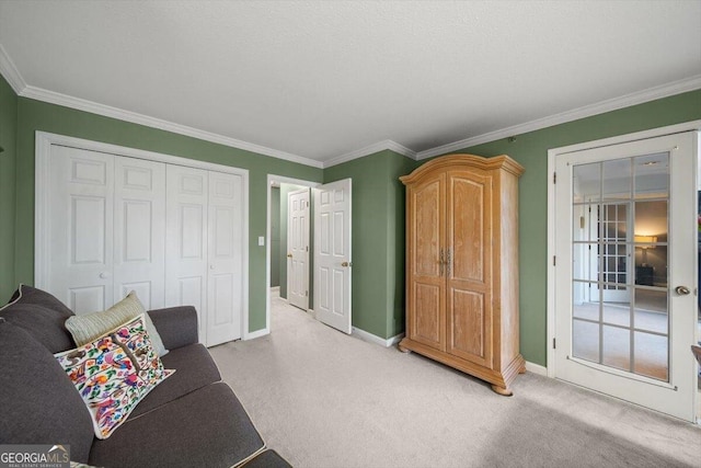 interior space featuring light colored carpet and ornamental molding