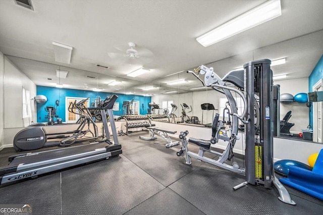 gym featuring ceiling fan