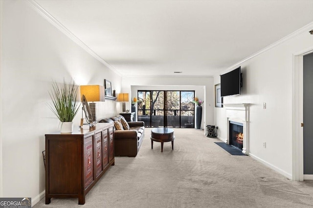 carpeted living room with ornamental molding