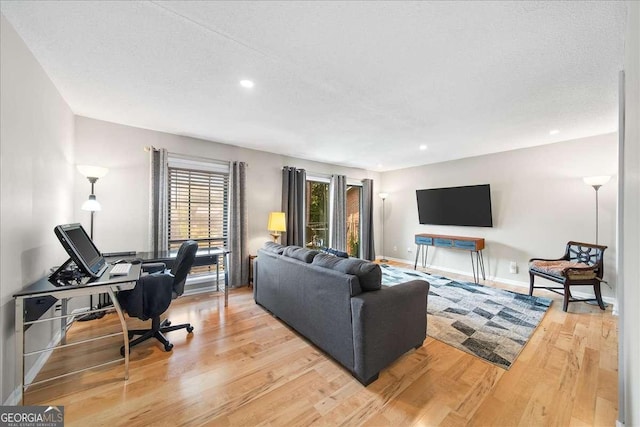 living room with a textured ceiling and light wood-type flooring