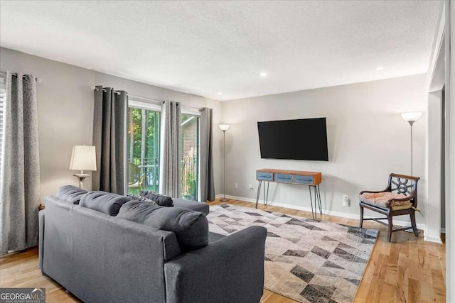 living room featuring light hardwood / wood-style floors and a textured ceiling