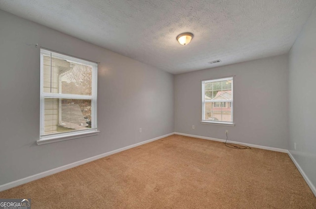 empty room with light carpet and a textured ceiling