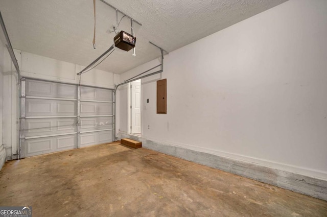 garage with electric panel and a garage door opener