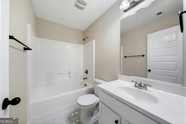 full bathroom featuring tile patterned floors, vanity, shower / bath combination, and toilet