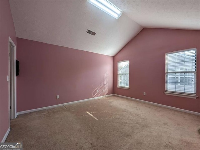 carpeted spare room featuring lofted ceiling, a textured ceiling, and a wealth of natural light