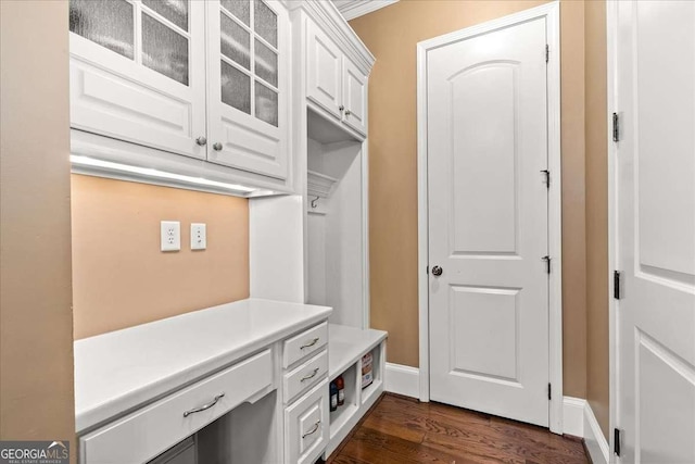 mudroom with dark hardwood / wood-style flooring and ornamental molding