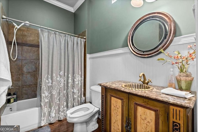 full bathroom with shower / bath combo, vanity, crown molding, wood-type flooring, and toilet