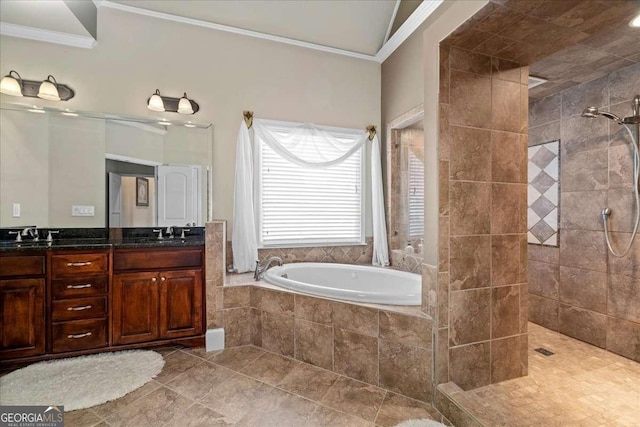 bathroom featuring separate shower and tub, crown molding, and vanity