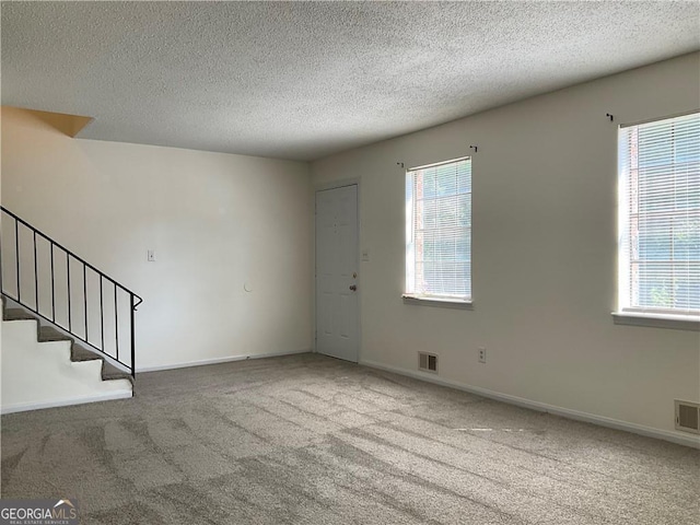 interior space featuring plenty of natural light, carpet, and a textured ceiling