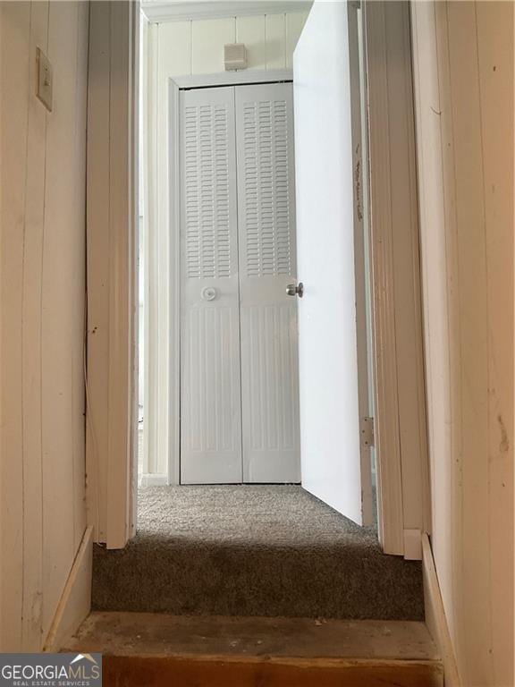 hall featuring carpet floors and wooden walls