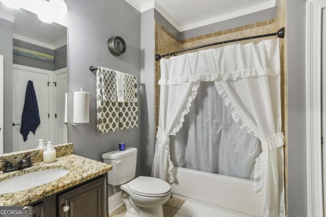 full bathroom featuring shower / tub combo, vanity, toilet, and ornamental molding