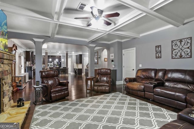 living room featuring ornate columns, ceiling fan, coffered ceiling, beamed ceiling, and ornamental molding