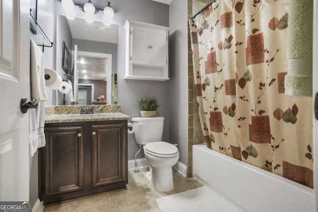 full bathroom with vanity, toilet, and shower / bath combo with shower curtain