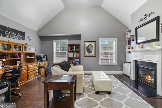 living room featuring dark hardwood / wood-style floors and high vaulted ceiling