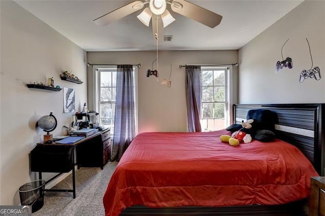 bedroom featuring carpet flooring and ceiling fan