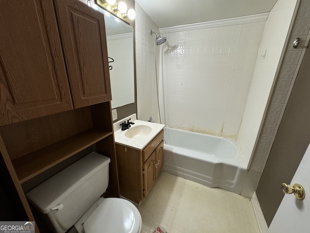 full bathroom featuring vanity, toilet, shower / washtub combination, and crown molding