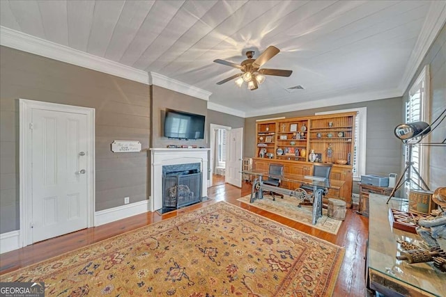 living room with crown molding, ceiling fan, built in shelves, wood-type flooring, and wood ceiling