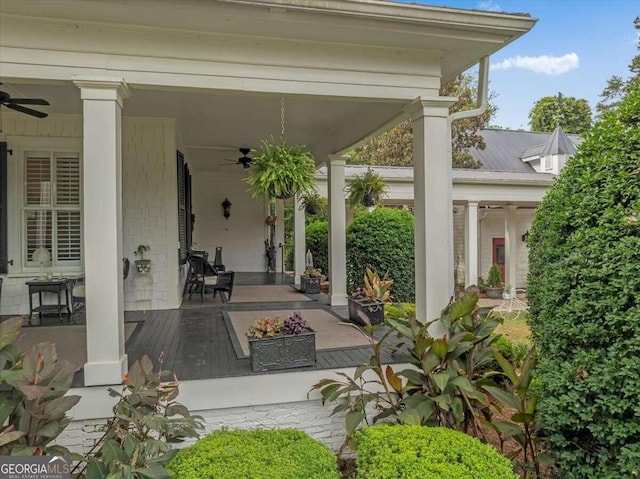 view of patio / terrace with ceiling fan and a porch