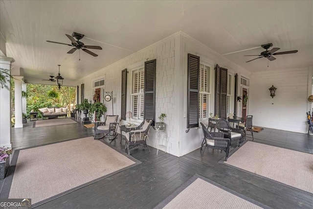 view of patio featuring a porch, outdoor lounge area, and a ceiling fan