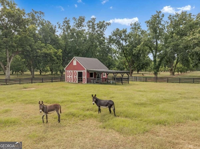 exterior space with an exterior structure, an outbuilding, and a rural view