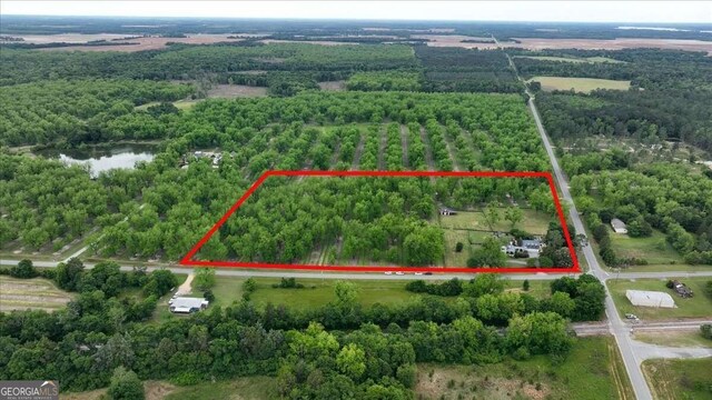 drone / aerial view featuring a forest view, a water view, and a rural view