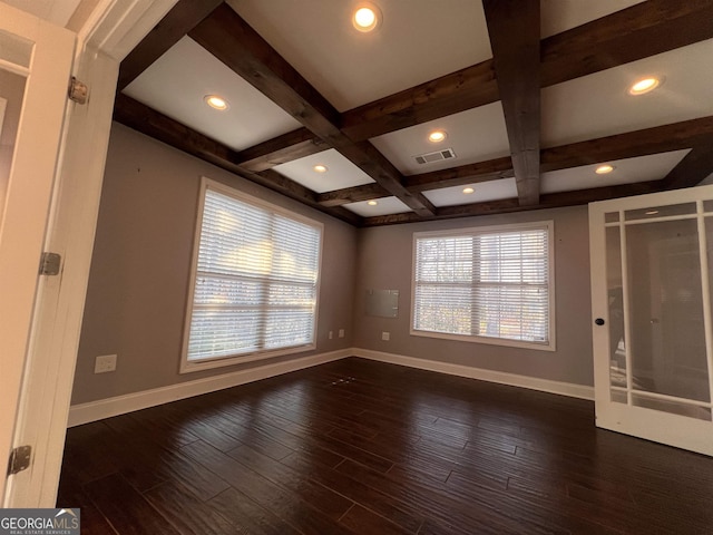 empty room with beam ceiling, dark hardwood / wood-style flooring, and coffered ceiling