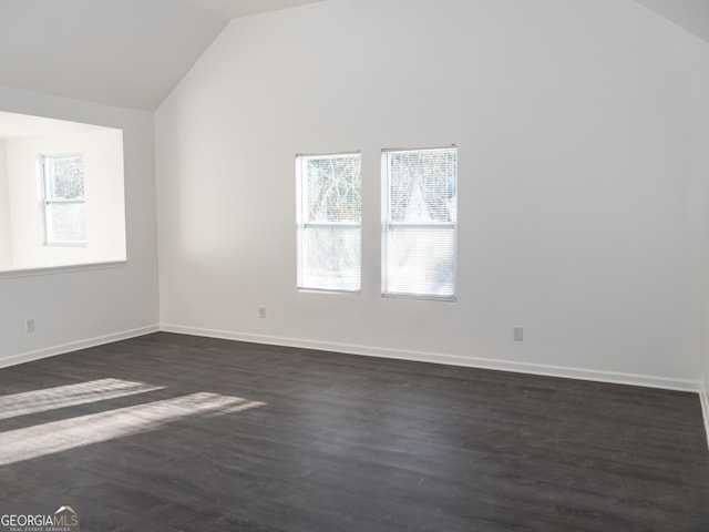 empty room featuring plenty of natural light, dark hardwood / wood-style flooring, and high vaulted ceiling