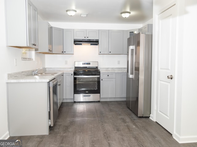 kitchen with dark hardwood / wood-style flooring, stainless steel appliances, gray cabinetry, and sink